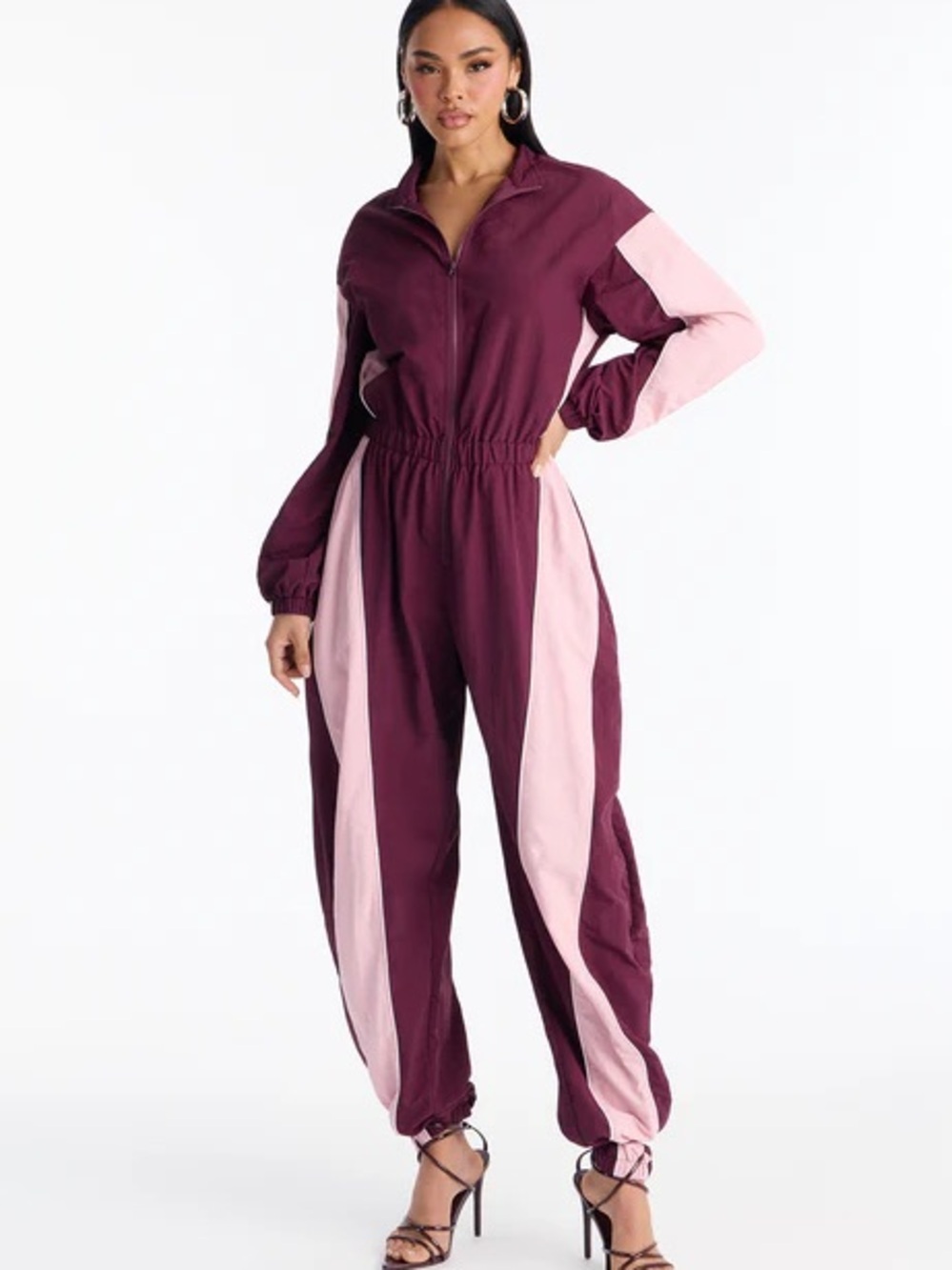 Two-Tone Zip Jumpsuit in Burgundy and Light Pink